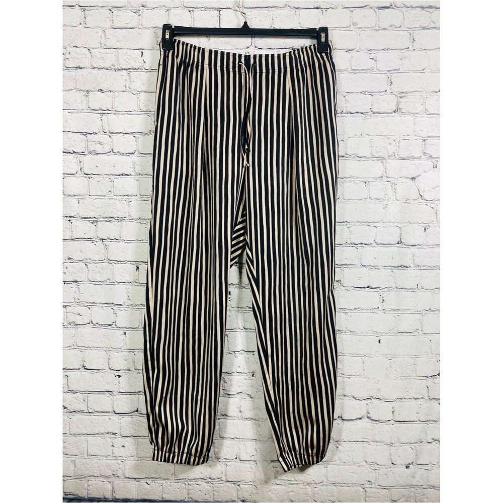 Uniqlo Women’s Striped Jogger‎ Pants Size 12 Black Beige Pull On Tapered